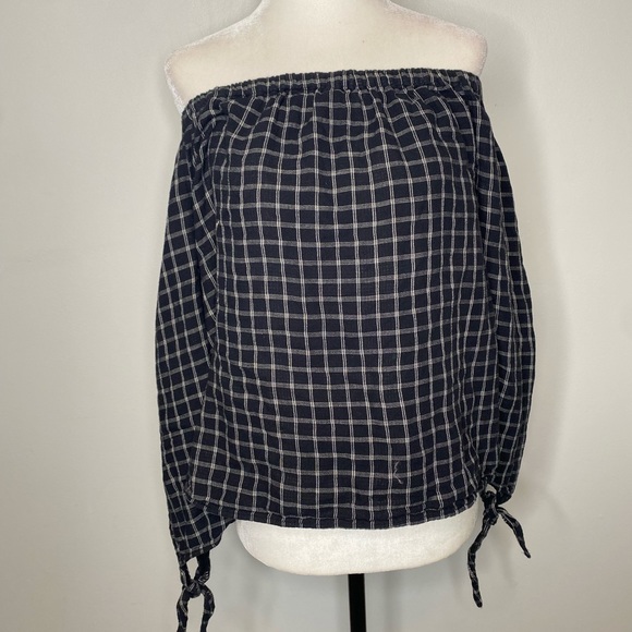 Madewell Off-Shoulder Plaid Blouse Black White - Picture 3 of 11